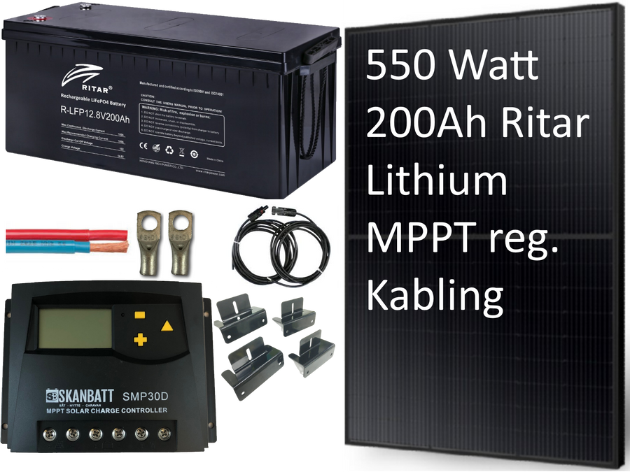 Solcellepakke Økonomi Hytte 550W Komplett m/lithiumbatteri regulator og mont. kit