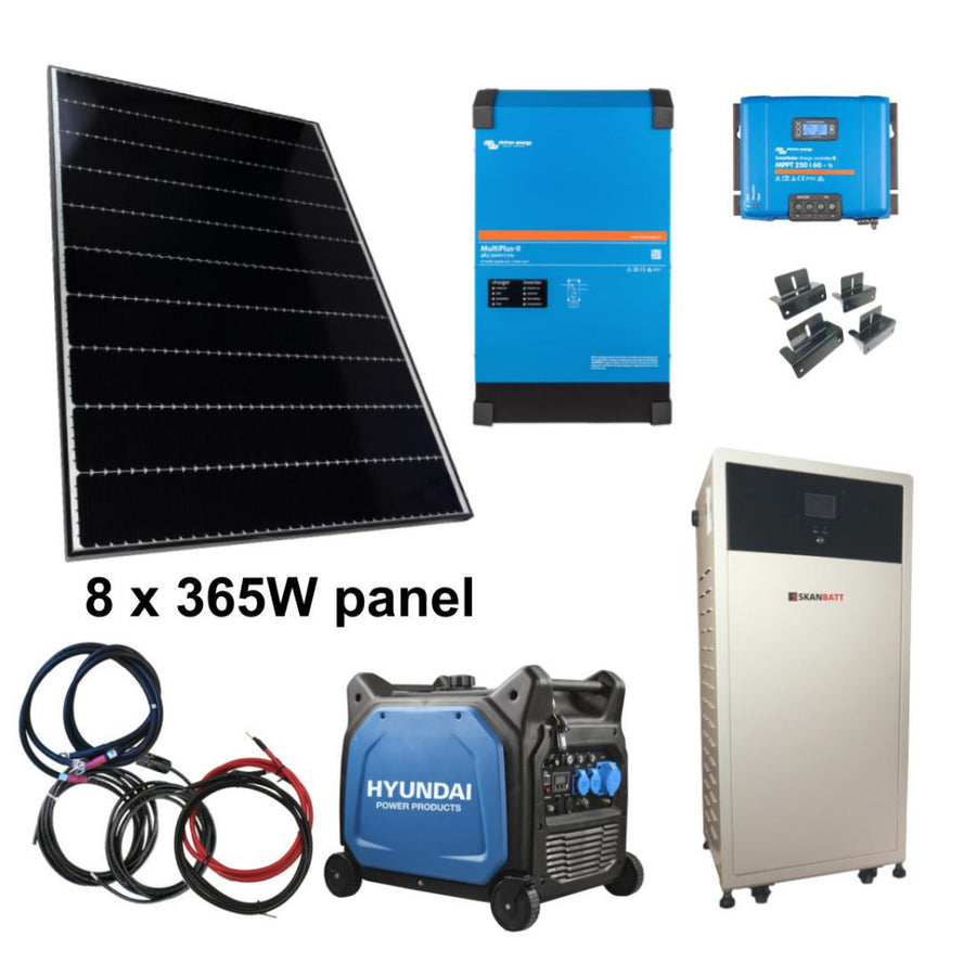 Kraftpakke 230V 8000VA - 2680W (8x335W) Solceller - Med LITHIUM Batterier og HYUNDAI 6500W Aggregat